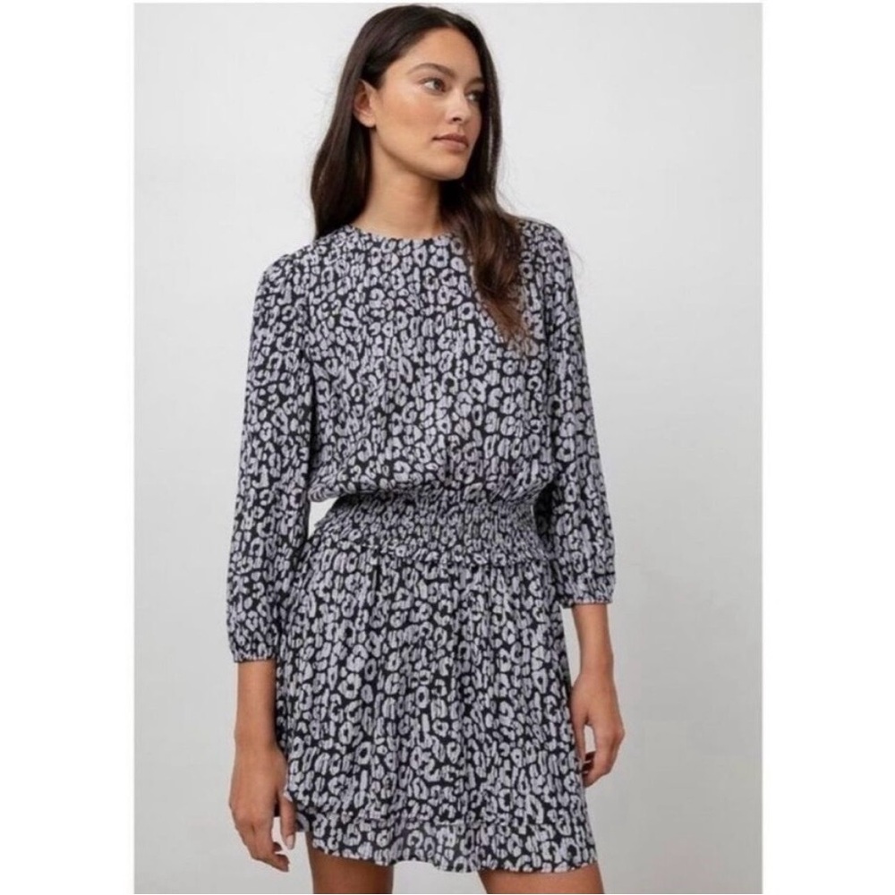 Rails Inez Black and Purple Batik Cheetah Dress smocked waist bishop sleeves S